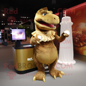 Brown T Rex mascot costume character dressed with a Ball Gown and Smartwatches