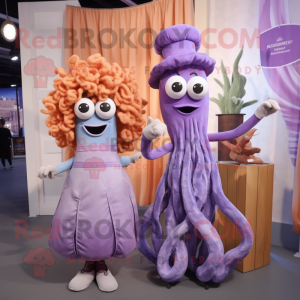 Lavender Fried Calamari mascot costume character dressed with a Evening Gown and Suspenders