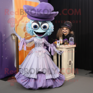 Lavender Fried Calamari mascot costume character dressed with a Evening Gown and Suspenders
