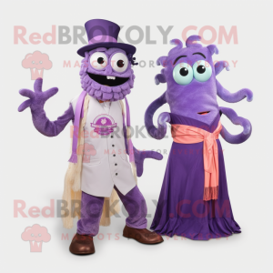 Lavender Fried Calamari mascot costume character dressed with a Evening Gown and Suspenders