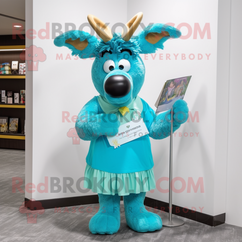 Cyan Moose mascot costume character dressed with a Wrap Dress and Reading glasses