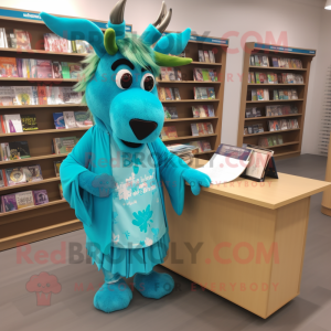 Cyan Moose mascot costume character dressed with a Wrap Dress and Reading glasses