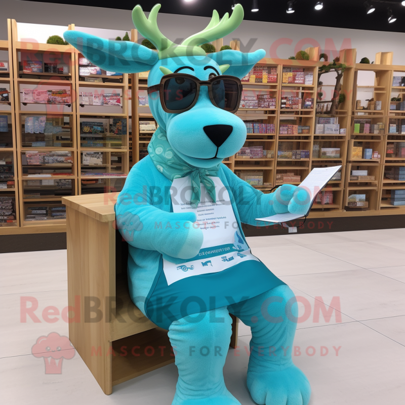 Cyan Moose mascot costume character dressed with a Wrap Dress and Reading glasses