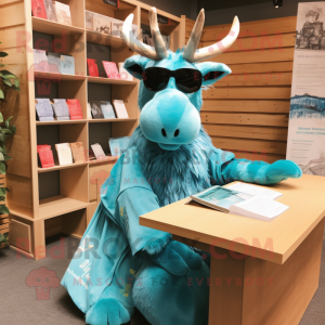 Cyan Moose mascot costume character dressed with a Wrap Dress and Reading glasses