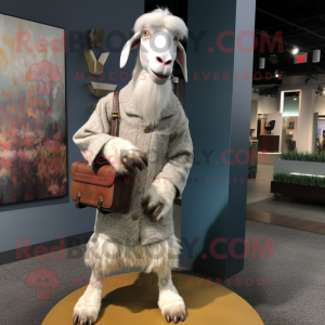 Silver Boer Goat mascot costume character dressed with a Sweater and Clutch bags