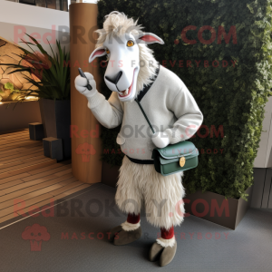 Silver Boer Goat mascot costume character dressed with a Sweater and Clutch bags