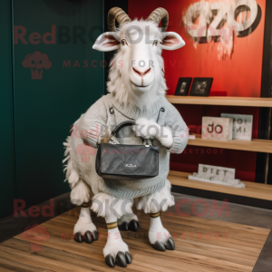 Silver Boer Goat mascot costume character dressed with a Sweater and Clutch bags