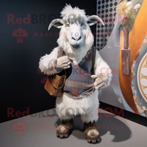 Silver Boer Goat mascot costume character dressed with a Sweater and Clutch bags