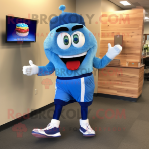 Blue Burgers mascot costume character dressed with a Joggers and Shoe clips