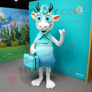 Cyan Goat mascot costume character dressed with a Bikini and Clutch bags