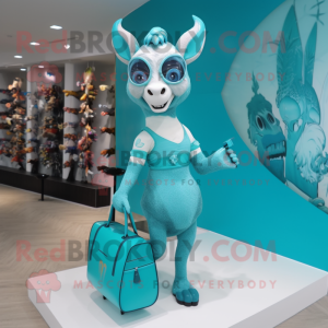 Cyan Goat mascot costume character dressed with a Bikini and Clutch bags