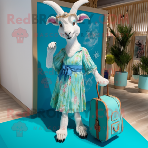 Cyan Goat mascot costume character dressed with a Bikini and Clutch bags