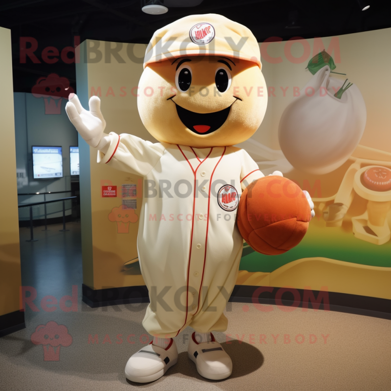 Tan Radish mascot costume character dressed with a Baseball Tee and Coin purses