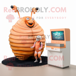 Peach Trilobite mascot costume character dressed with a Tank Top and Watches