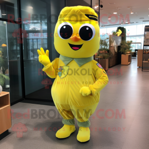 Yellow Air Force Soldier mascot costume character dressed with a Wrap Dress and Bow ties