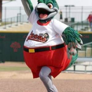 Mascotte de gros oiseau vert et gris habillé en rouge et blanc