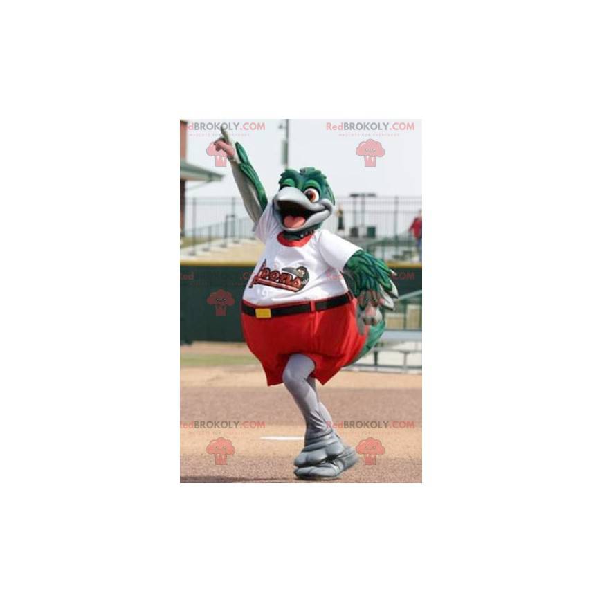 Mascot big green and gray bird dressed in red and white -