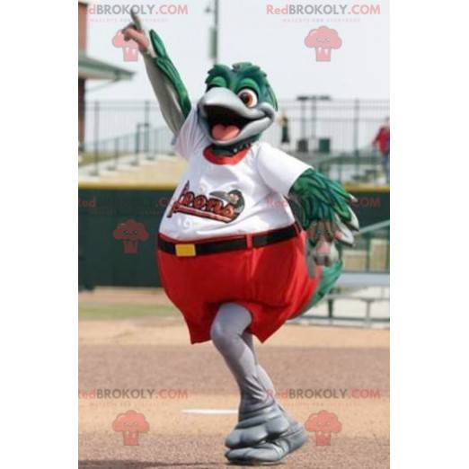 Mascot grote groene en grijze vogel gekleed in rood en wit -
