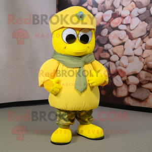 Yellow Air Force Soldier mascot costume character dressed with a Wrap Dress and Bow ties