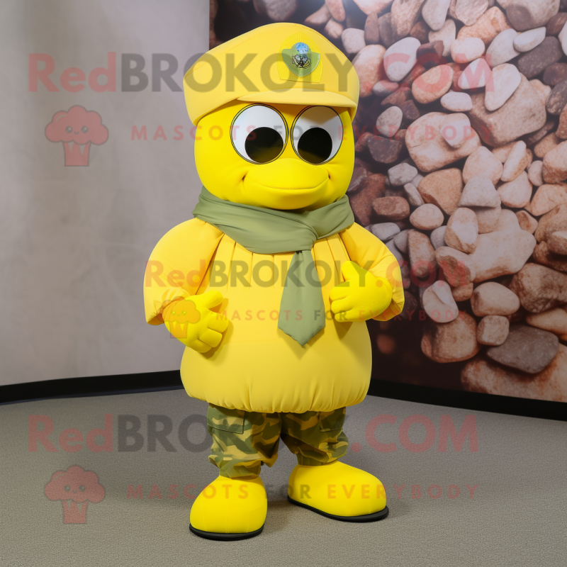 Yellow Air Force Soldier mascot costume character dressed with a Wrap Dress and Bow ties Yellow Air Force Soldier mascot costume character dressed with a Wrap Dress and Bow ties