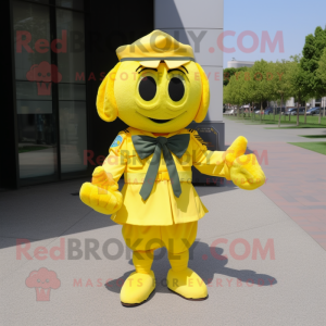 Yellow Air Force Soldier mascot costume character dressed with a Wrap Dress and Bow ties