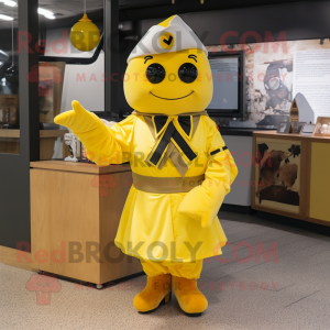Yellow Air Force Soldier mascot costume character dressed with a Wrap Dress and Bow ties