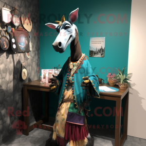 Teal Okapi mascot costume character dressed with a Cardigan and Shawl pins