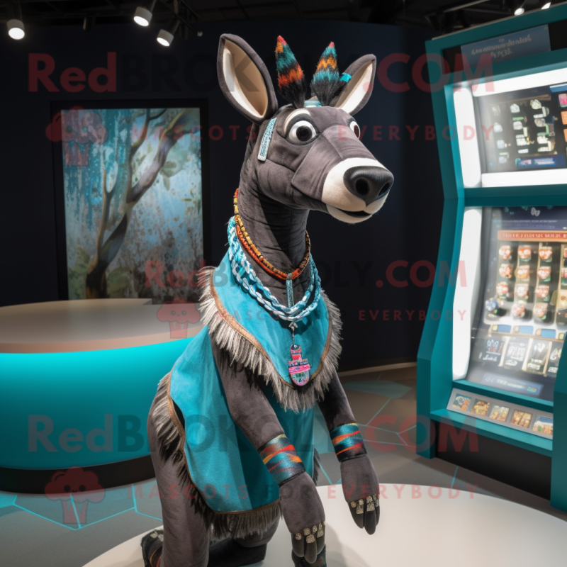 Teal Okapi mascot costume character dressed with a Cardigan and Shawl pins