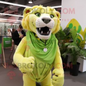 Lime Green Smilodon mascot costume character dressed with a Blouse and Scarf clips