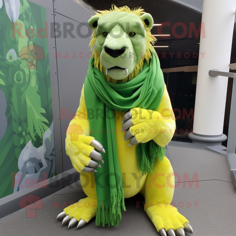 Lime Green Smilodon mascot costume character dressed with a Blouse and Scarf clips