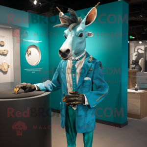 Turquoise Okapi mascot costume character dressed with a Blazer and Cufflinks