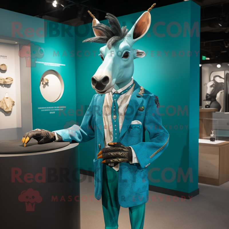 Turquoise Okapi mascot costume character dressed with a Blazer and Cufflinks Turquoise Okapi mascot costume character dressed with a Blazer and Cufflinks