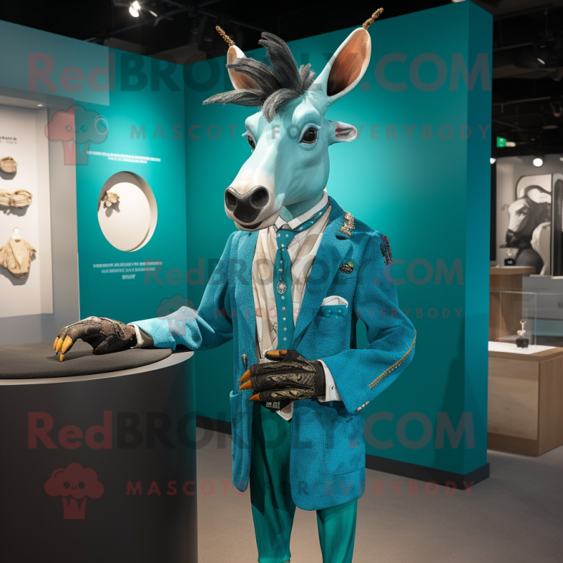 Turquoise Okapi mascot costume character dressed with a Blazer and Cufflinks