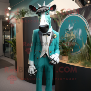 Turquoise Okapi mascot costume character dressed with a Blazer and Cufflinks