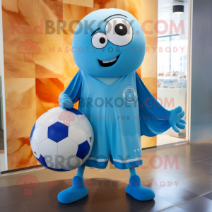 Cyan Soccer Ball mascot costume character dressed with a Board Shorts and Shawl pins