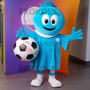 Cyan Soccer Ball mascot costume character dressed with a Board Shorts and Shawl pins