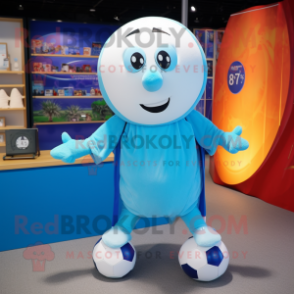 Cyan Soccer Ball mascot costume character dressed with a Board Shorts and Shawl pins