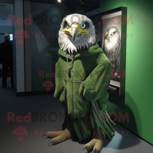 Green Haast'S Eagle mascot costume character dressed with a Hoodie and Cufflinks