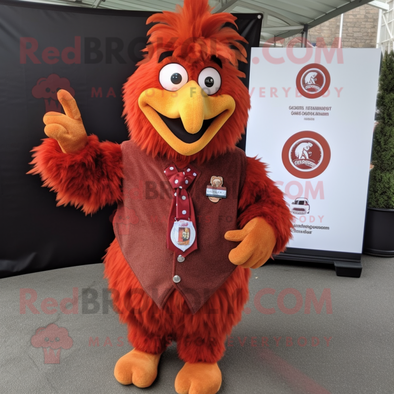 Rust Chicken Parmesan mascot costume character dressed with a Vest and Lapel pins Rust Chicken Parmesan mascot costume character dressed with a Vest and Lapel pins