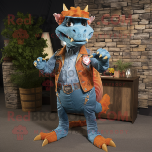 Rust Dragon mascot costume character dressed with a Denim Shirt and Pocket squares