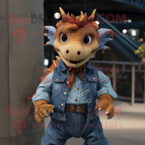 Rust Dragon mascot costume character dressed with a Denim Shirt and Pocket squares