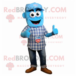 Sky Blue Tikka Masala mascot costume character dressed with a Flannel Shirt and Bracelet watches