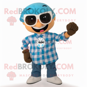 Sky Blue Tikka Masala mascot costume character dressed with a Flannel Shirt and Bracelet watches