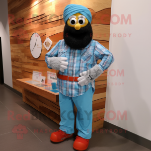 Sky Blue Tikka Masala mascot costume character dressed with a Flannel Shirt and Bracelet watches
