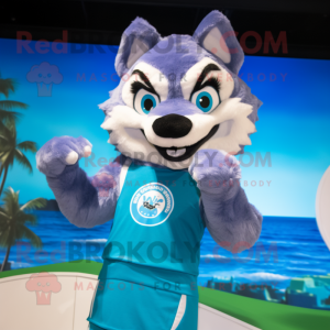 Cyan Say Wolf mascot costume character dressed with a Bikini and Rings