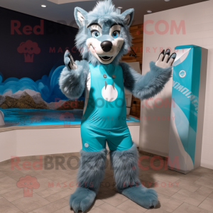 Cyan Say Wolf mascot costume character dressed with a Bikini and Rings