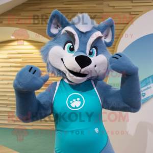 Cyan Say Wolf mascot costume character dressed with a Bikini and Rings