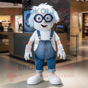 White Cyclops mascot costume character dressed with a Boyfriend Jeans and Eyeglasses