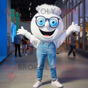White Cyclops mascot costume character dressed with a Boyfriend Jeans and Eyeglasses