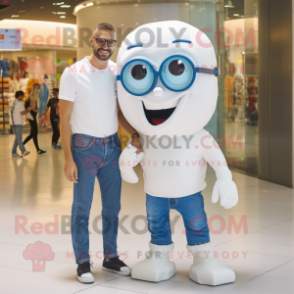 White Cyclops mascot costume character dressed with a Boyfriend Jeans and Eyeglasses